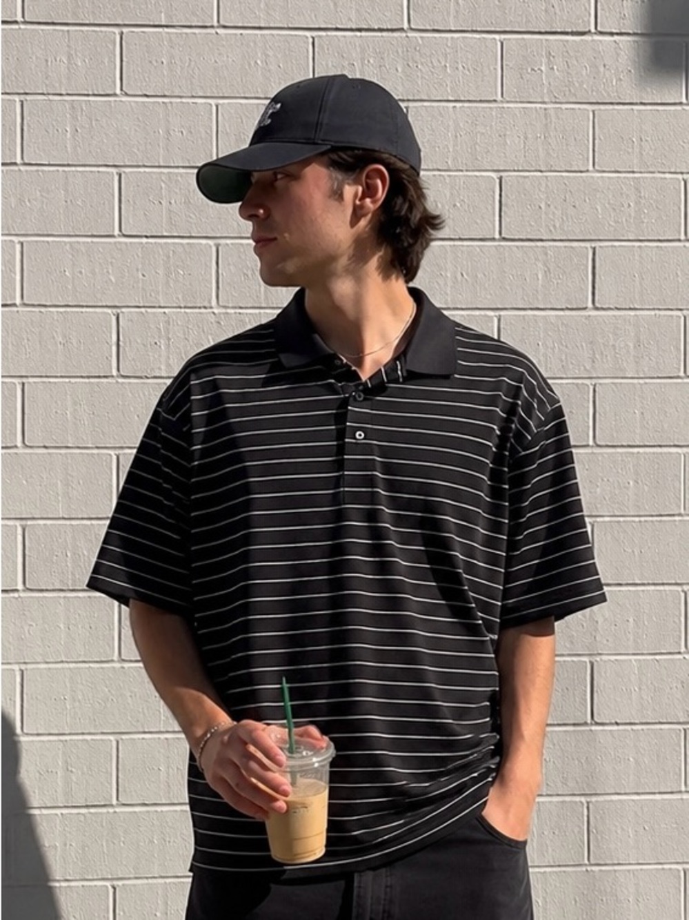 Amazon Essentials Black Polo with Thin White Stripes